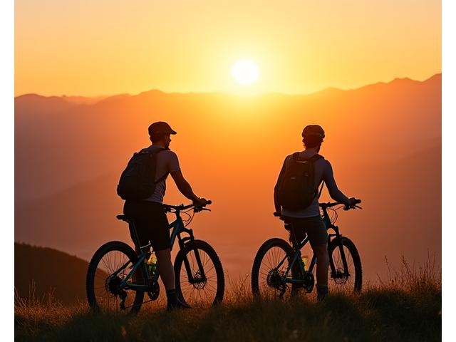 Two founders, Alex and Maya, on their bicycles at sunrise, overlooking a scenic mountain trail.