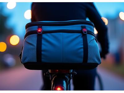 Reflective bicycle pannier bag on a bike under streetlights